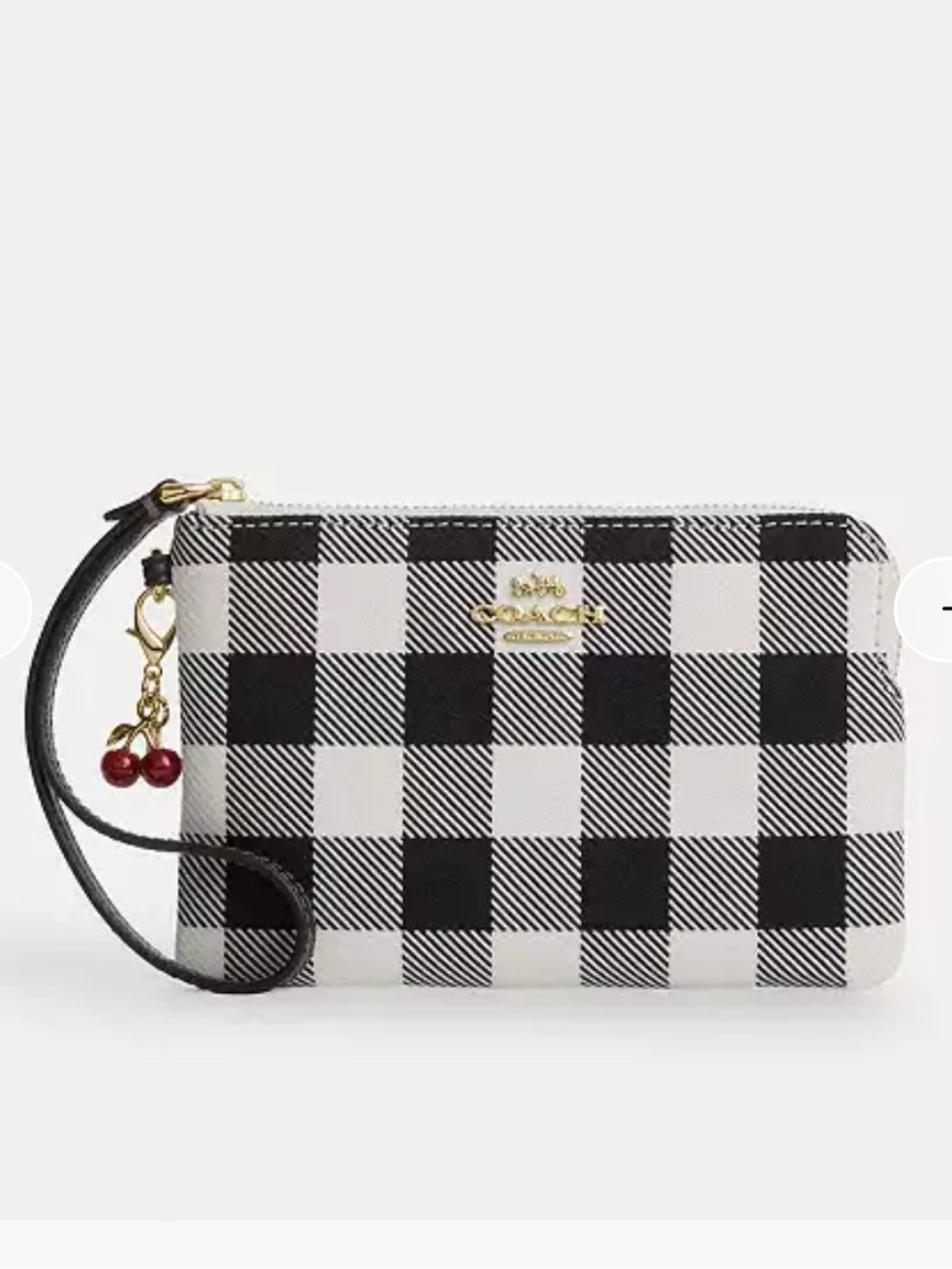 Coach Black & White Gingham Print Wristlet Bag with Cherry 🍒 Charm! NEW
